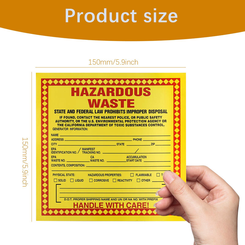 Pack of 50 Hazardous Waste Identification Stickers Label, Federal Laws Prohibit Improper Disposal, Handle with Care, 6"x6"