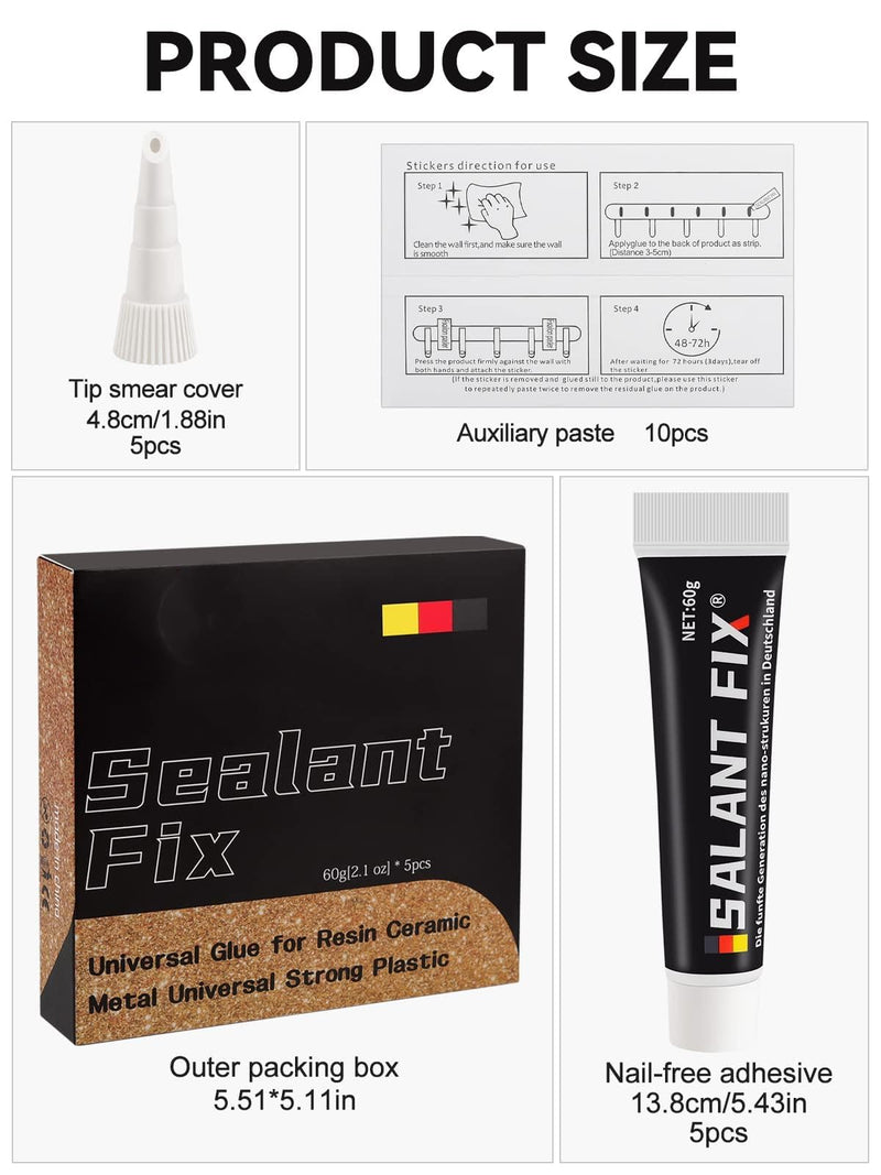 [Australia - AusPower] - Lanstics 5PCS Sealant Fix, All Purpose Glue Kit Quick Drying Glue with Snip Tip Applicator Caps, Invisible Nail-Free Sealant Strong Repair Sealing Fix for Stick Kitchen Shelves Metal Glass Wood 