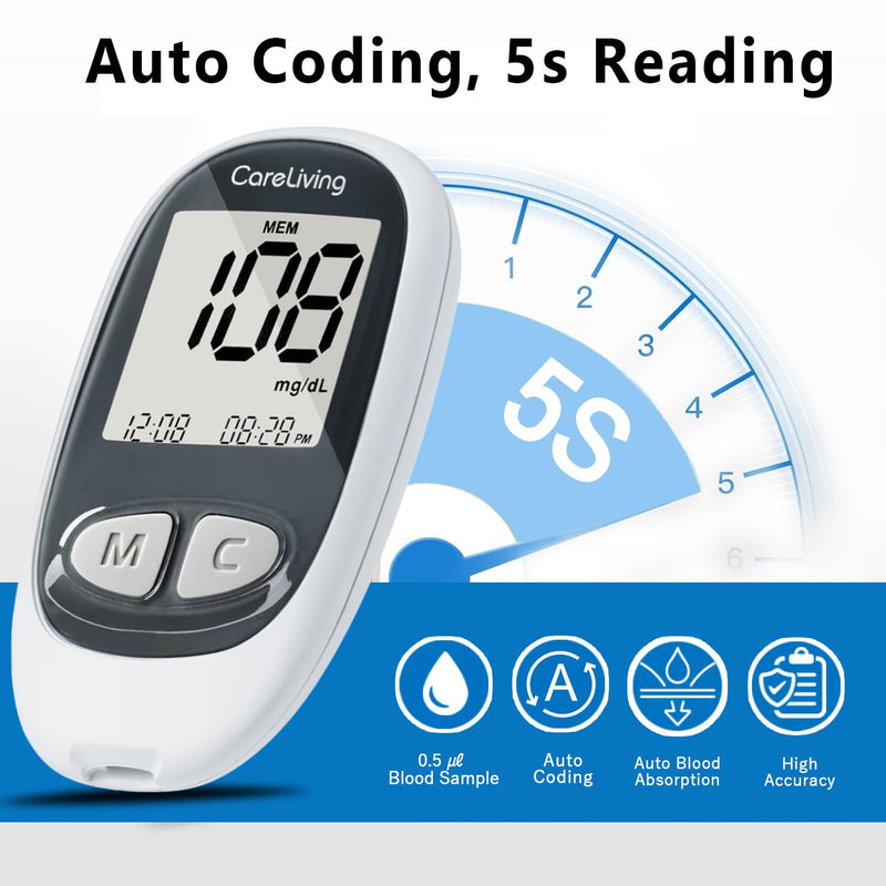 [Australia - AusPower] - CareLiving MM1100 Blood Glucose Monitor Kit with 100 Test Strips, 100 Lancets, 1 Blood Glucose Meter, 1 Lancing Device, Diabetes Testing Kit, Portable Blood Sugar Test Kit, Glucometer Kit for Home 