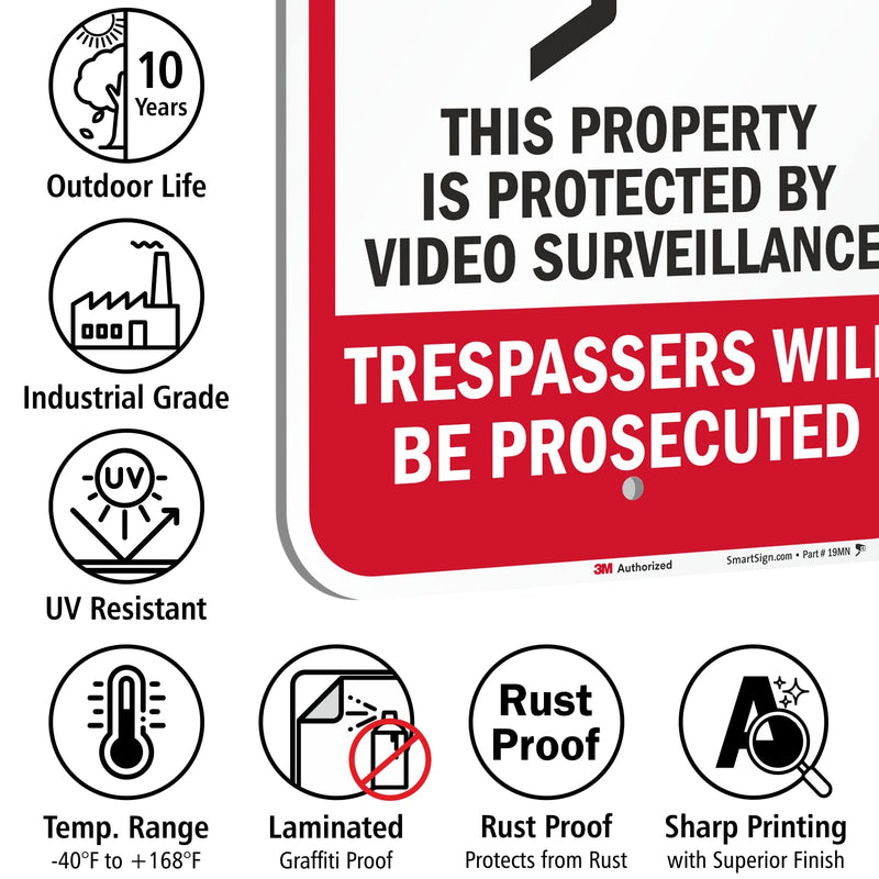 SmartSign - T1-1074-EG_12x18 “No Trespassing - This Property is Protected by Video Surveillance, Trespassers Will Be Prosecuted” Sign | 12" x 18" 3M Engineer Grade Reflective Aluminum 12" x 18" 3M Reflective Aluminum 12" x 18"
