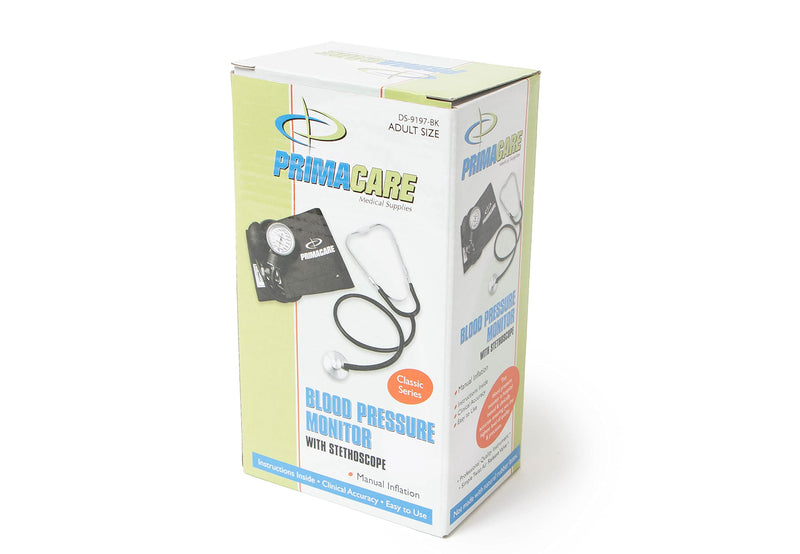 [Australia - AusPower] - PrimaCare Medical DS-9197-BK Professional Classic Series Manual Adult Size Blood Pressure Kit, Emergency Bp kit with Stethoscope and Portable Leatherette Case, Nylon Cuff, Black 