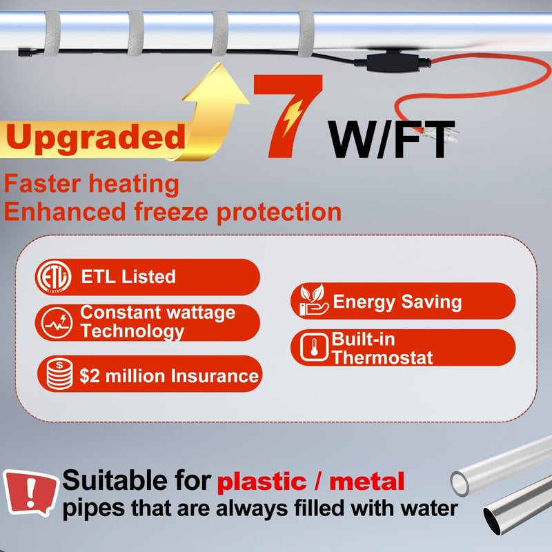 HEATIT Pipe Freeze Protection Heat Tape Electric Heating Cable Automatic Heat Tape Heated Cable 30 Feet HISD-F