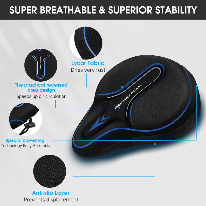 Memory Foam Bike Seat Cover Padded, Soft Bike Cushion for Men & Women, Comfortable Bike Accessories for Bike, Outdoor Indoor Cycling Blue