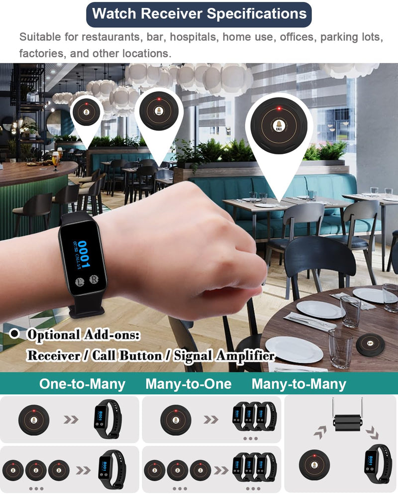 [Australia - AusPower] - Restaurant Pager System 1 Wrist Watch Receiver 2 Call Buttons 400+ft Long Range Nurse Call System for Restaurant,Clinic,Hotel,Cafe,Bar (2 Call Button(S1) + 1 Watch Receiver(200VT)) 2 call button(S1) + 1 watch receiver(200VT) 