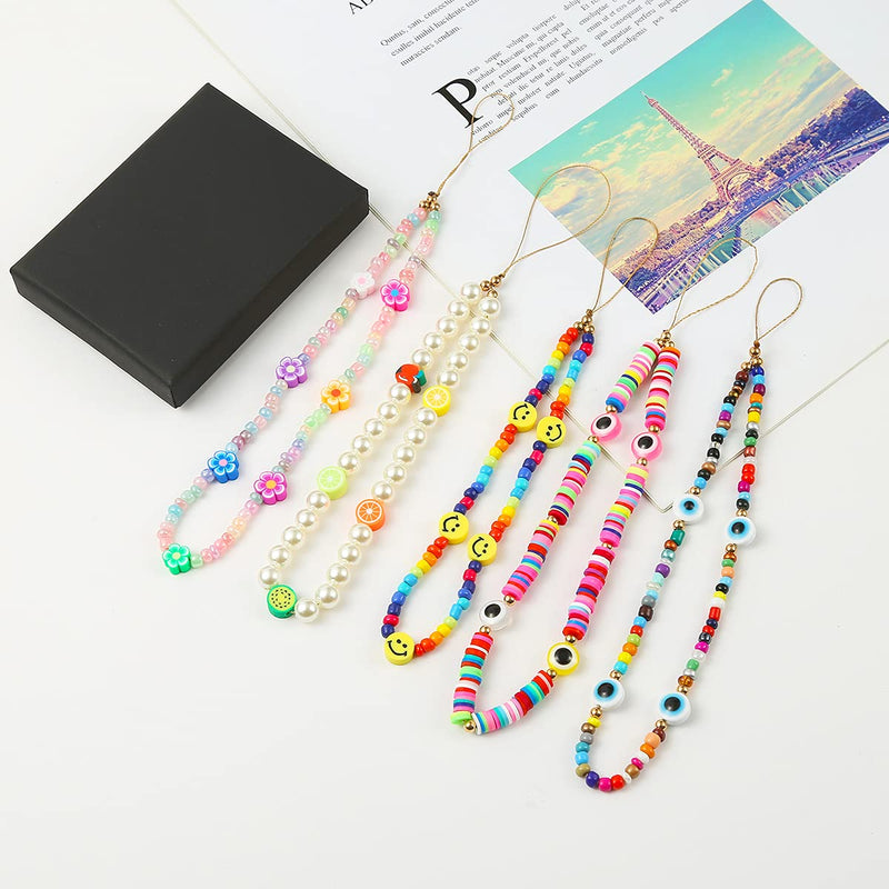 [Australia - AusPower] - Taouzi 6PCS Beaded Phone Lanyard Wrist Strap Face Beaded Phone Charm Fruit Star Pearl Rainbow Color Beaded Phone Chain Strap for Women Girls Style6-1 