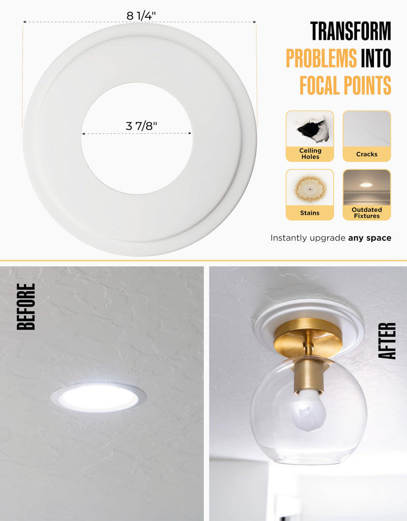 The Can Converter R1 Recessed Can Light Conversion Kit w/ 8¼" Steel Beveled Ceiling Medallion - Home Improvement for 4", 5" & 6" Cans, Fan & Light Fixture Converter Kit, UL Certified, White