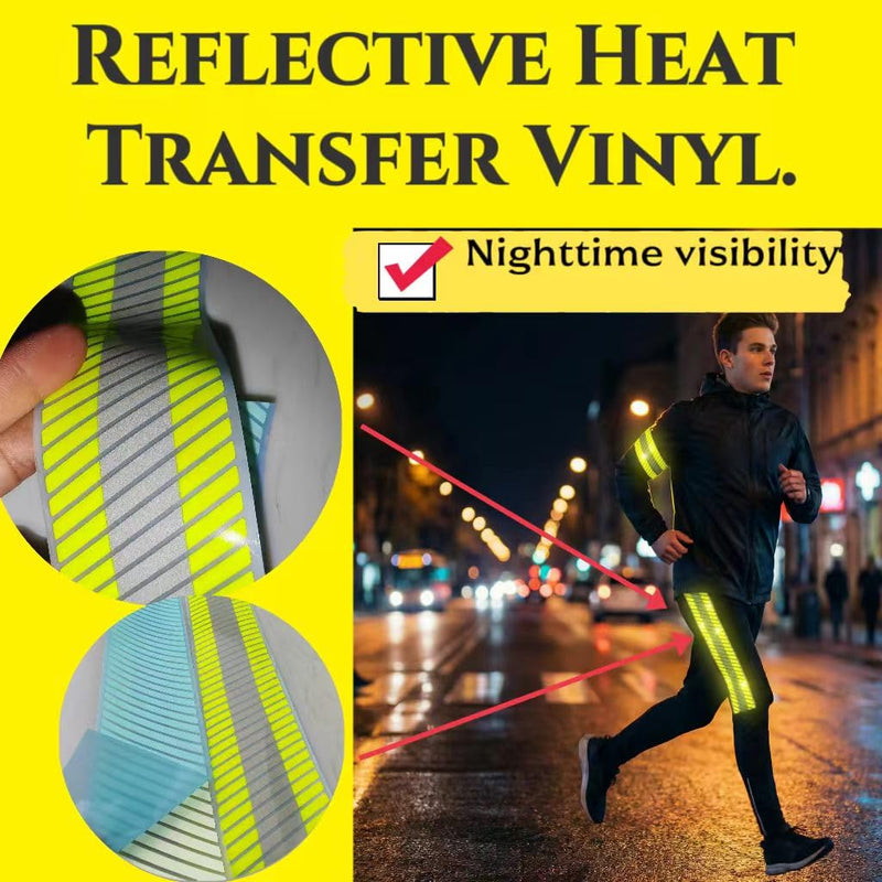 JINBING Reflective Heat Transfer Vinyl Stripes Fluorescent Yellow with Silver Reflective Strip Elastic Iron On Tape for Clothing 2 inch x 33feet