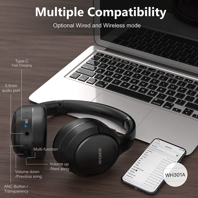 [Australia - AusPower] - RUNOLIM Hybrid Active Noise Cancelling Headphones, Wireless Over Ear Bluetooth Headphones with Microphone, 70H Playtime, Foldable Headphones with HiFi Audio, Deep Bass for Home Travel Office Black 