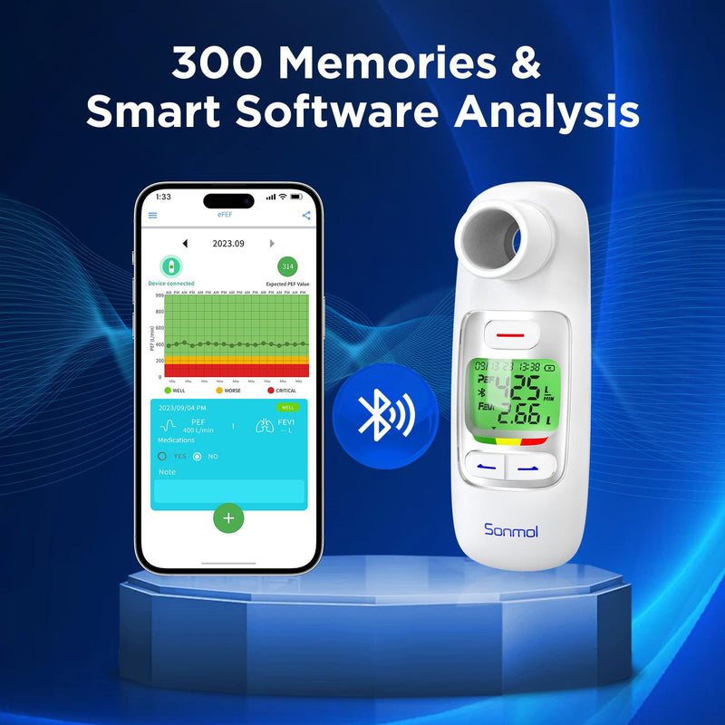 [Australia - AusPower] - Peak Flow Meter with Bluetooth APP Spirometer for Asthma COPD Monitor Tests PEF FEV1 Home Medical for Kids Adults with 300 Records Storage Function 