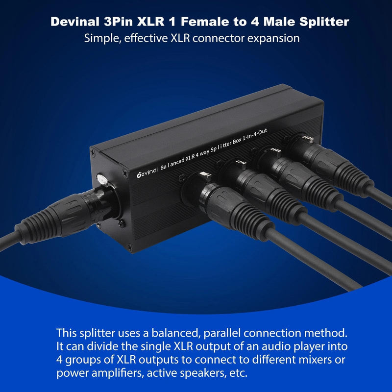 Devinal 1-IN-4-OUT XLR Audio Splitter Box ; XLR 1 Female to 4 Male Balanced Converter ; 4-Way Stereo Passive Audio Cable