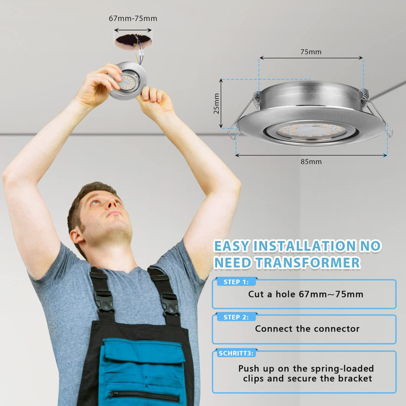 LED Recessed Spotlight, 230 V, Flat, Dimmable, Spotlights, 3 Levels, 6 W, IP44, Bathroom Recessed Lights, Ceiling Spotlights, Warm White, 3000 K, Swivelling Recessed Spotlights for Bathroom, Kitchen, Living Room, Set of 6