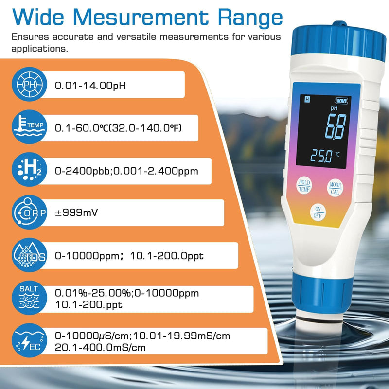 [Australia - AusPower] - Hydrogen Water Tester Meter, 7 in1 pH/H2/TMEP/EC/TDS/ORP/SALT Kit for Hydrogen Water Bottle, TDS Meter Digital Water Tester for Drinking Water, ORP Meter for Water, Juice, Coffee 7 IN 1 with Calibration Solution 