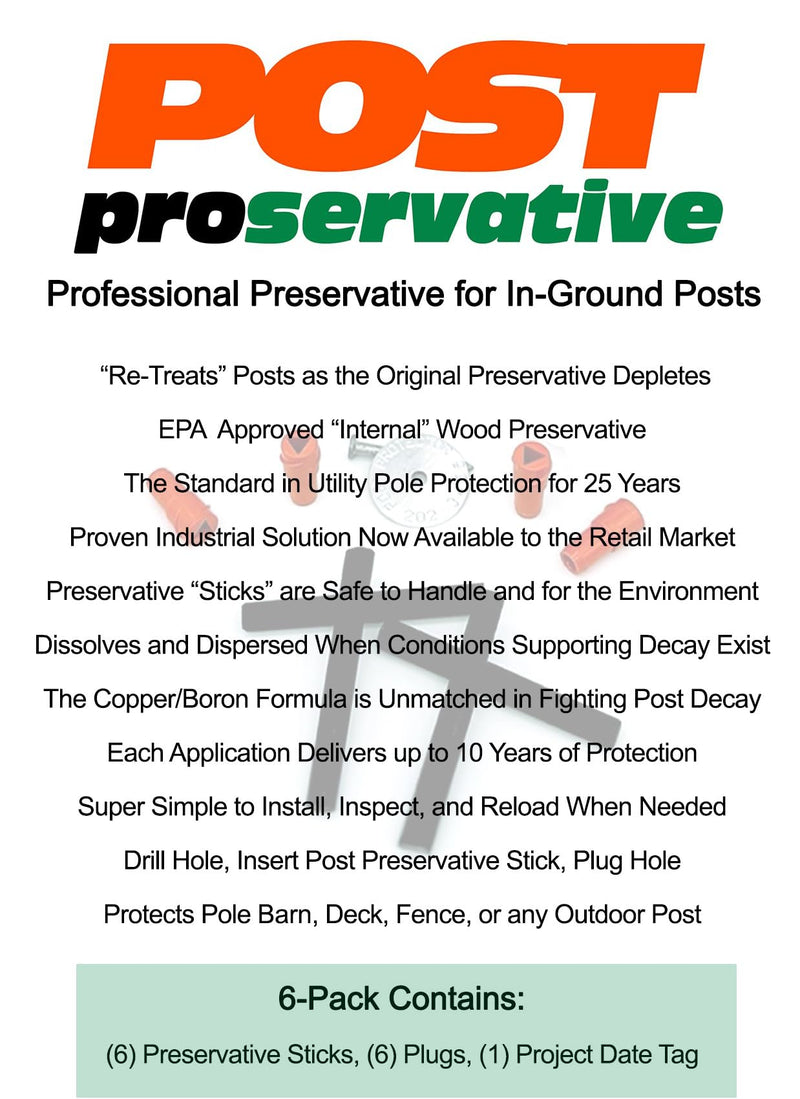 Post Proservative, Fence Repair Kit for Small Jobs - Re-Treat posts, 6 Piece Kit with Date Tag and Plugs, Replenishes preservative and extends post life. Treats (6) 4x4's or (3) 6x6 Wooden Posts 6 Count (Pack of 1)
