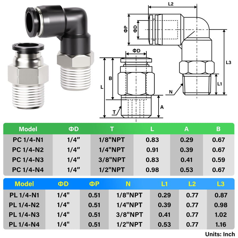 [Australia - AusPower] - TAILONZ PNEUMATIC Elbow and Straight Combination 1/4 Inch Tube OD x 1/4 Inch NPT Thread Push to Connect Fittings PC-1/4-N2+PL-1/4-N2(Pack of 12) 1/4"OD x 1/4"NPT 