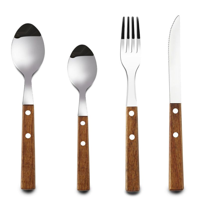 Set of 16 stainless steel dinner forks with wooden handles from HAPPY KIT, part of the 18/8 silverware flatware set.