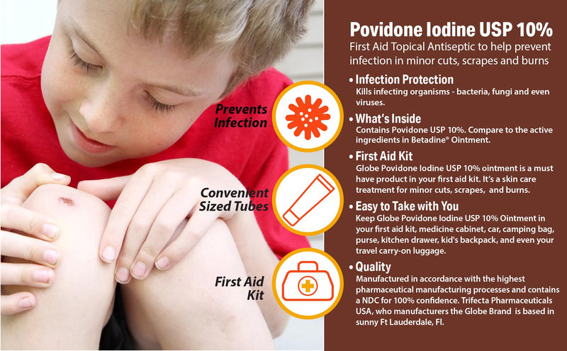 [Australia - AusPower] - Globe (4 Pack) Povidone Iodine 10% First Aid Ointment 1 Oz, for Cuts Scrapes Burns (Compare to Betadine) 