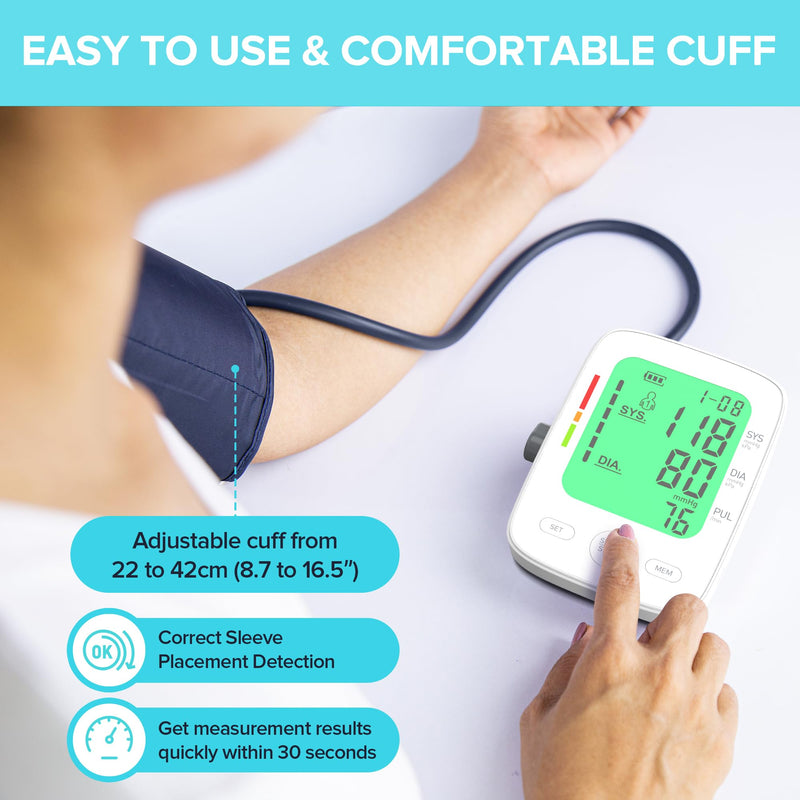 [Australia - AusPower] - Blood Pressure Monitor for Home Use, Automatic Upper Arm Blood Pressure Machine with Large LCD Display, Adjustable Cuff (9 to 17 inches), 2 x 99 Memory Sets, Easy to use/Travel 