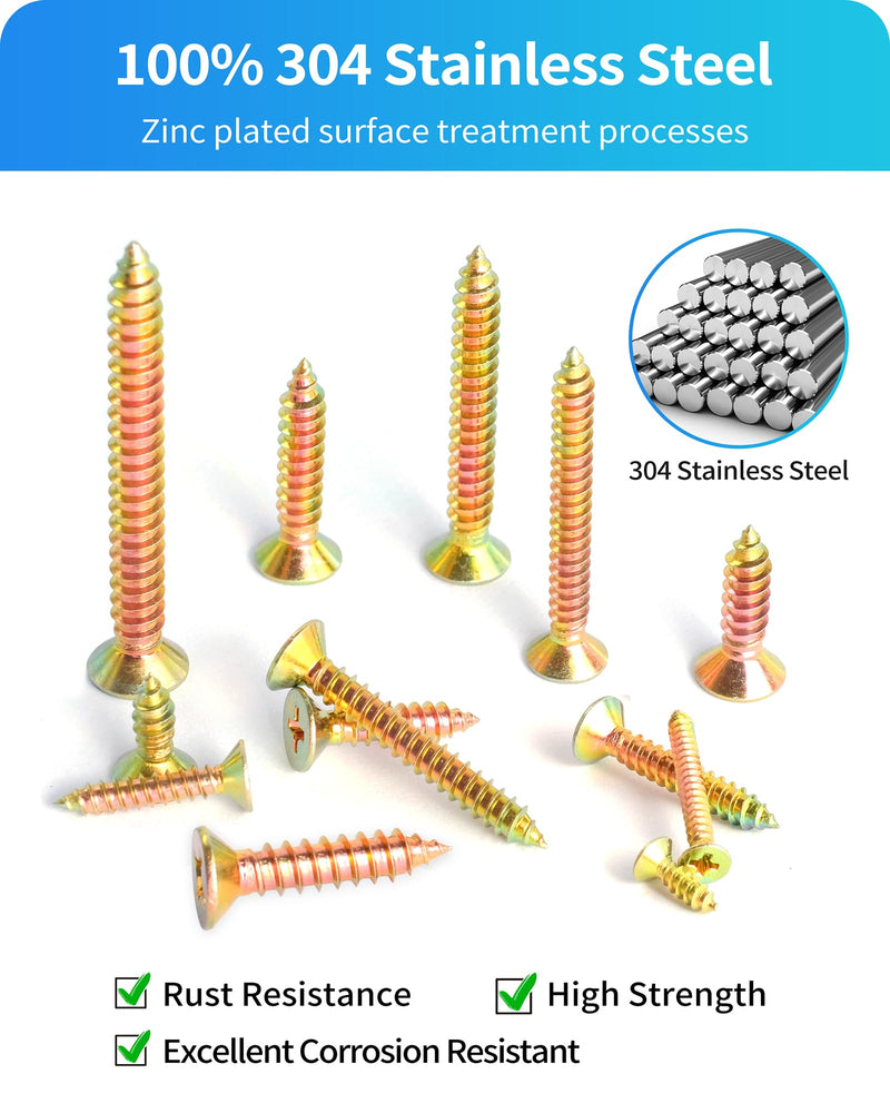 600Pcs Stainless Steel Zinc Plated Wood Screws Assortment Kit, #4#6#8#10#12 Phillips Flat Head Sheet Metal Screws Self Tapping Screws Set,Length 3/8" to 2" (Gold-Flat Head 600PCS) Gold-Flat Head 600PCS