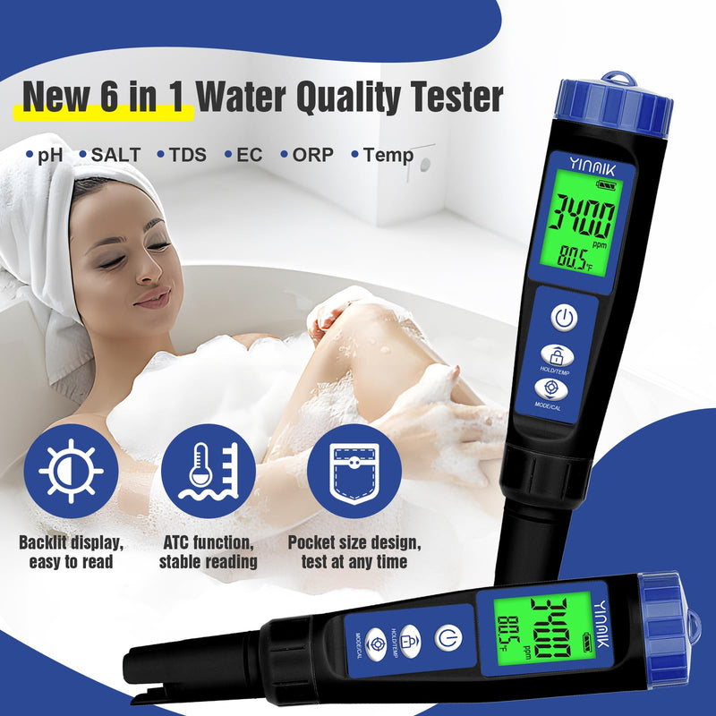 pH Salt Meter Salinity pH Tester for Saltwater Pool 6 in 1 pH Salt EC TDS ORP Temp Test Kit Pool pH ORP Monitor Hydroponic pH Conductivity PPM Reader YINMIK Salt Checker for Aquarium Koi Pond