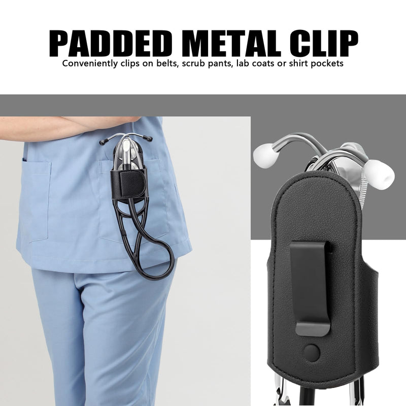 [Australia - AusPower] - PU Leather Stethoscope Clip, Stethoscope Holder Hip Clip, Lightweight and Durable, Suitable for Doctors, Nurses, First Responders, Medical Nursing Students, Compatible with 3m Littmann (Black) 
