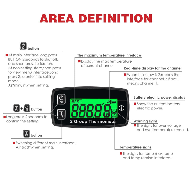 [Australia - AusPower] - TM004 Digital Thermometer,Backlight,Two Group of Temperature, Max Temperature,Use for Tractors, Atvs, Utvs, Snowmobiles, Engines, Generators, Water and Oil Trucks 