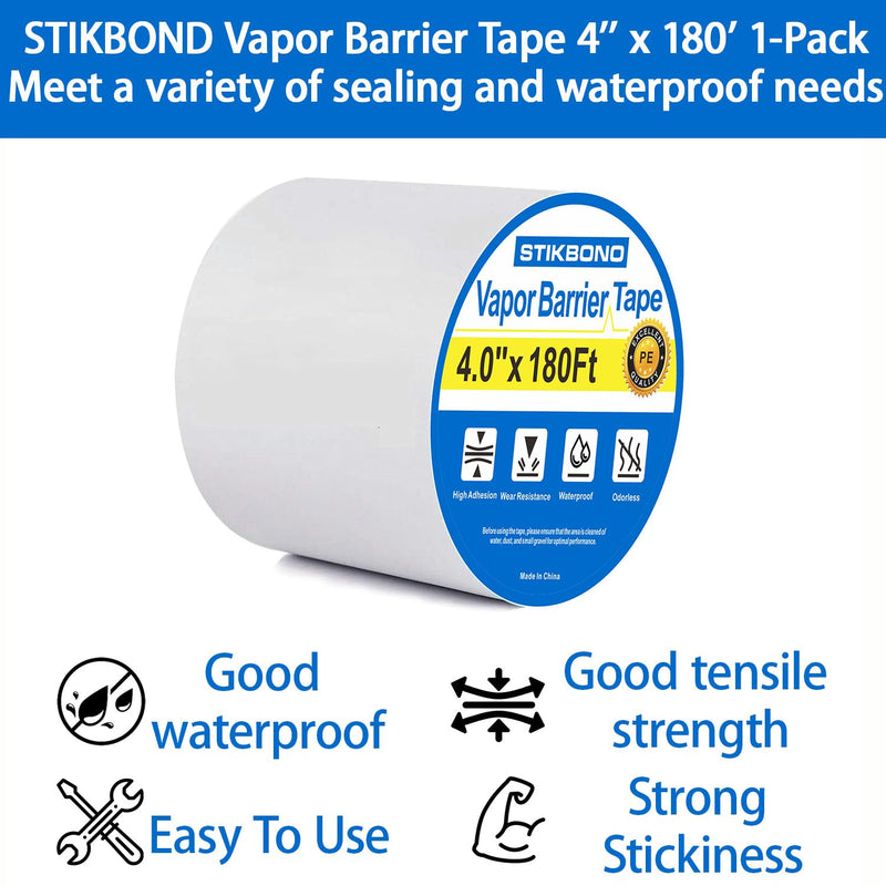 Vapor Barrier Tape 4 Inch x 180' x 4mil 1-Pack Moisture Barriers Seal Seam Tape, White Polyethylene Tape for Crawl Space,Waterproof, Underlayment,Metal and Plastic Sheeting 4inch x 180ft