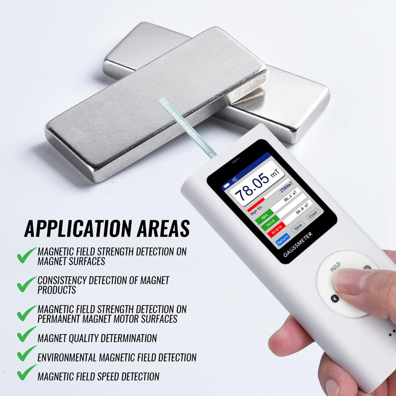 [Australia - AusPower] - Digital Gauss Meter Tesla Meter, Professional Magnetic Field Tester with 0-25000 Gs (0-2500 mT) Range, HD Color Display Rechargeable N/S Pole Detection Data Storage for Magnets Motors & Industrial Use 