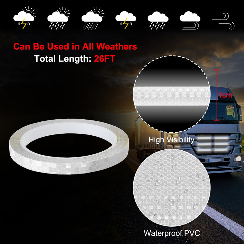 MECCANIXITY Reflective Tape, 0.4 Inch x 26 ft Self-Adhesive Trailer Reflector Tape Waterproof Warning Safety Sticker High Visibility Night Reflectors, White