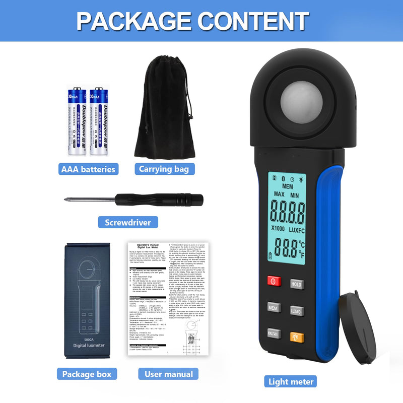 HoldPeak Illuminance Light Meter with Bluetooth, Digital Lux Foot Candles Meter 0.1~400,000 Lux with 270º Rotating Sensor, Lumen Meter Luxmeter for Plants, Car Headlights, Home & Office LEDs 5000APP-with APP Function