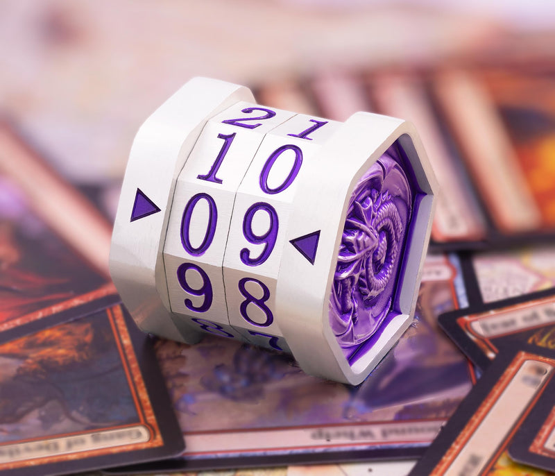 Metal MTG Life Counter Wheel Metal Magic Life Counter MTG Health Tracker MTGs Foundations with Dragon Symbol for Board Games, Cards Games, TTRPGs, Compatible with MTGs(Pearl Silver_Purple) Silverpurple