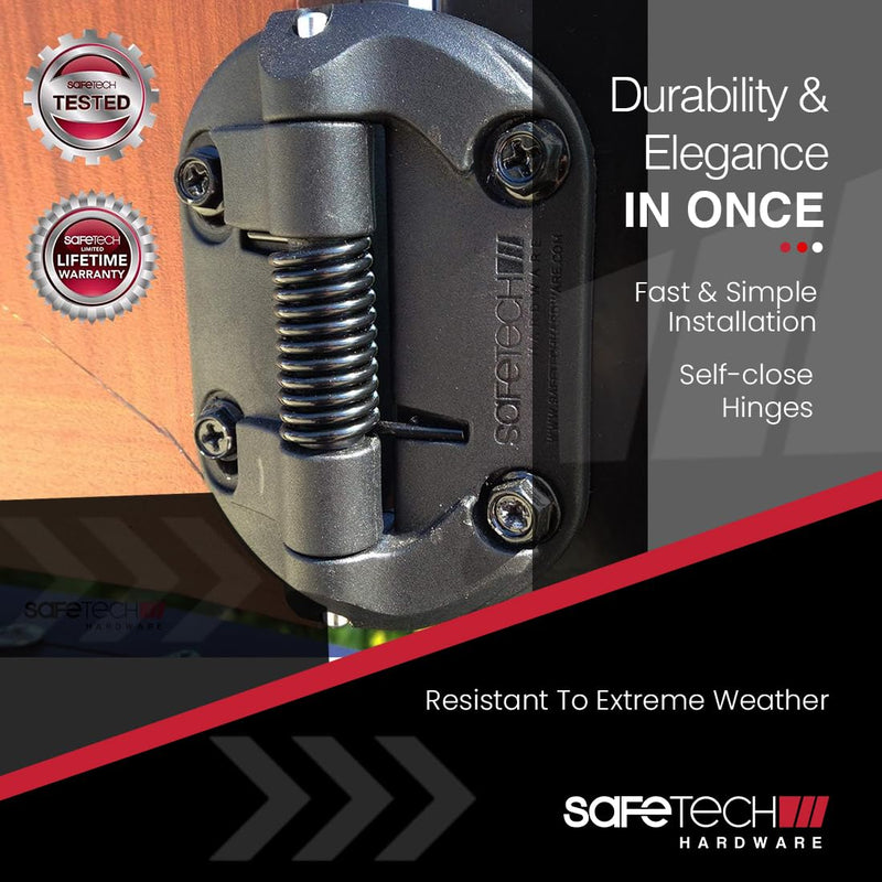 Safetech Hardware Self Closing Gate Hinges, Fixed Tension Pool & Outdoor Hinges Regular Duty Spring Gate Hinges for Any Square Post Metal, Wood & Aluminum Fencing Gates up to 33lbs (SHF-90L Black) Self Close