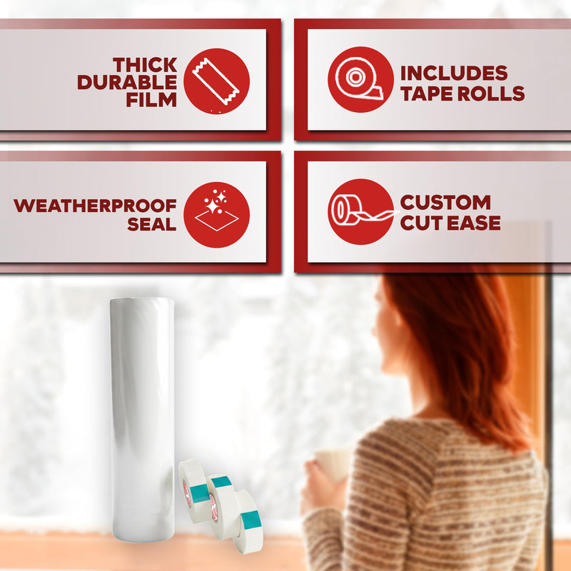 XFasten Window Insulation Kit for Winter, Pre-Taped 62" x 420" 0.75 mil Clear Window Plastic for Winterizing Kit, Heavy-Duty Insulation Film Cover for Drafts - Includes 3 Rolls Clear Double-Sided Tape