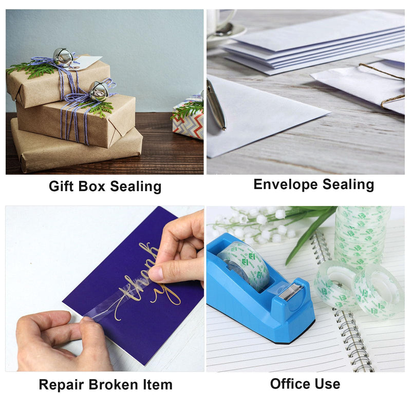 BOMEI PACK Transparent Tape Dispensers Desk, 1 Pack Blue with 12Rolls Transparent Tape, 1 Inch Core, for Gift Wrapping, School, Office and Home