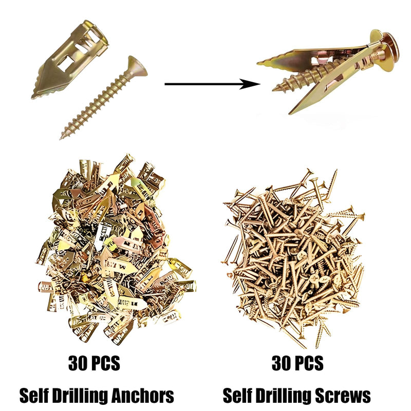 [Australia - AusPower] - 30 PCS Self Drilling Drywall Anchors, Dry Wall Anchors, and Screws for Drywall, Used On Drywall, Plaster Board, Sheetrock, and Hollow Wall (0.47x1.18'' Self Drilling Anchors and 0.15 x1.38'' Screws) 0.47*1.18'' Anchors + 0.15 x1.38'' Screws 30 