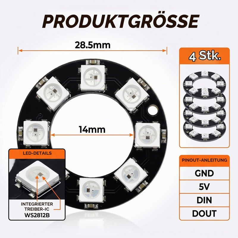 Zolara Pack of 4 RGB LED Ring Module, 5050 LED Full Colour RGB Light Module, 5V RGB LED Ring, Black, Compatible with WS2812B 12-Bit 50 mm, Arduino, Raspberry Pi, DIY Projects