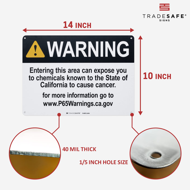 TRADESAFE Prop 65 Cancer-causing Chemicals - Warning Signs, Quick Install Aluminum Safety Sign, Light Reflective, UV-Resistant, Waterproof Signs for Business, 14” X 10” Prop 65 Warning Sign Cancer-Causing Chemicals Warning