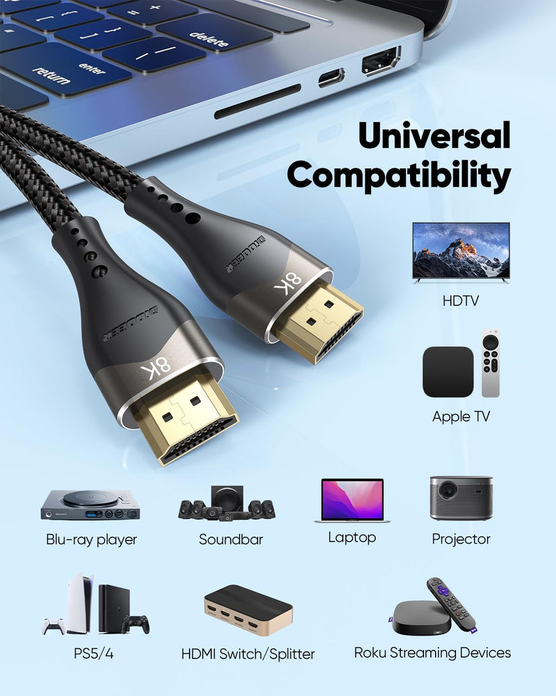 10K 8K HDMI Cable 10 FT 5-Pack, HDMI to HDMI 2.1 Cable 10 Foot Ultra High Speed Braided Cord (48Gbps, 8K@60Hz, 4K@120Hz, HDCP2.3, DTS:X, 3D, eARC, HDR10) for Monitor, HDTV, Projector 10FT