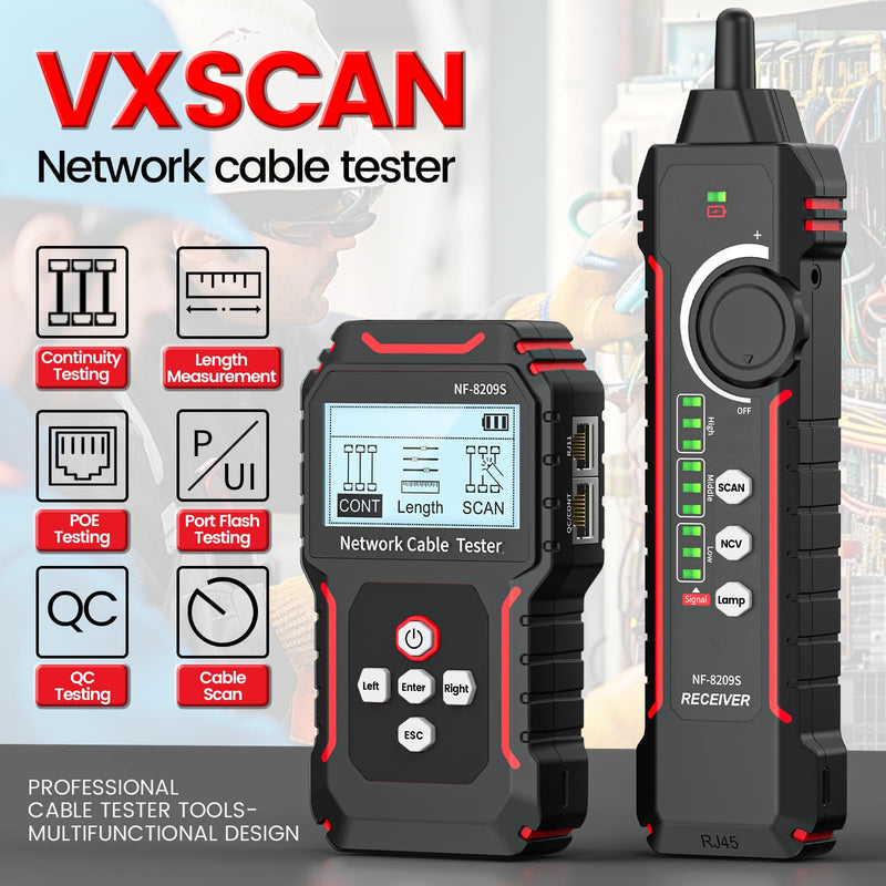 [Australia - AusPower] - RJ45 Network Cable Tester and Tracer, VXSCAN NF-8209S Ethernet Cable Tester Wire Tracer with NCV & Lamp for CAT5 CAT6 CAT6a - Cont/Length Measurement/SCAN/Flash/QC/NCV/POE Tester AI01 