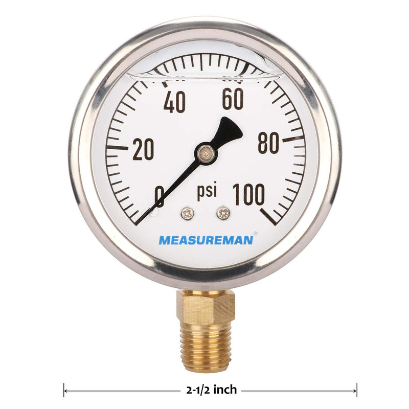 [Australia - AusPower] - MEASUREMAN 2-1/2" Dial Size, Glycerin Filled Plumbing Pressure Gauge, 0-100psi, Stainless Steel Case, 1/4"NPT Lower Mount 0-100 psi 
