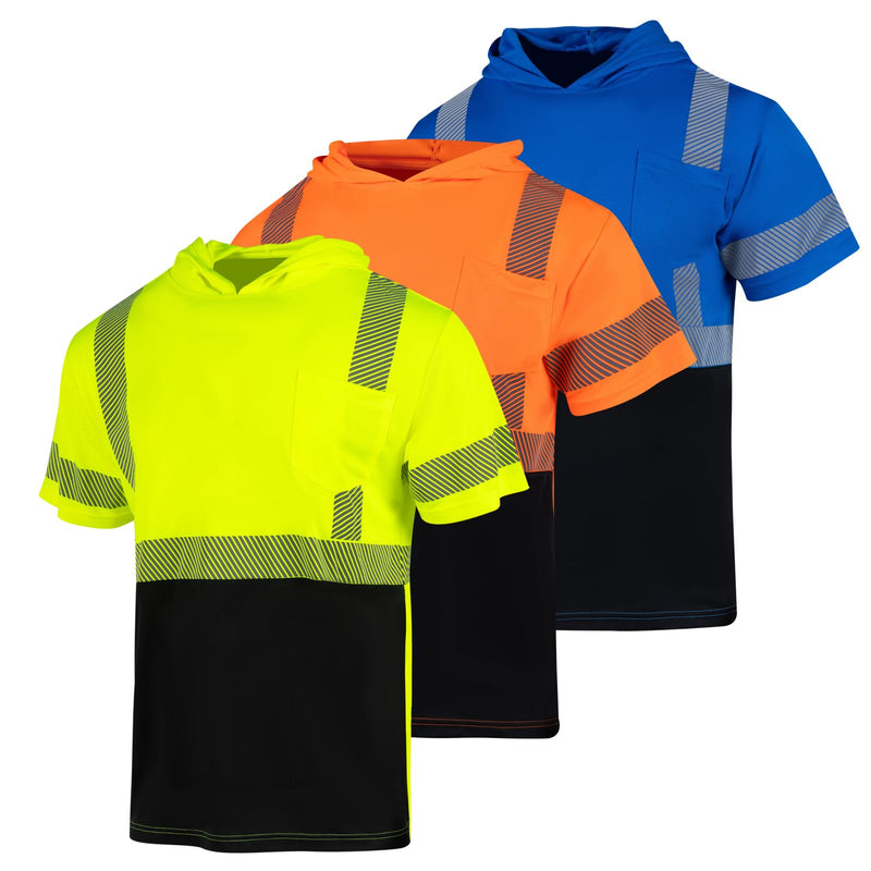 FONIRRA 3 Pack Hi Vis Shirts for Men Safety Reflective Short Sleeve Construction Work T Shirt with Hood ANSI Class 3 Small Set 2