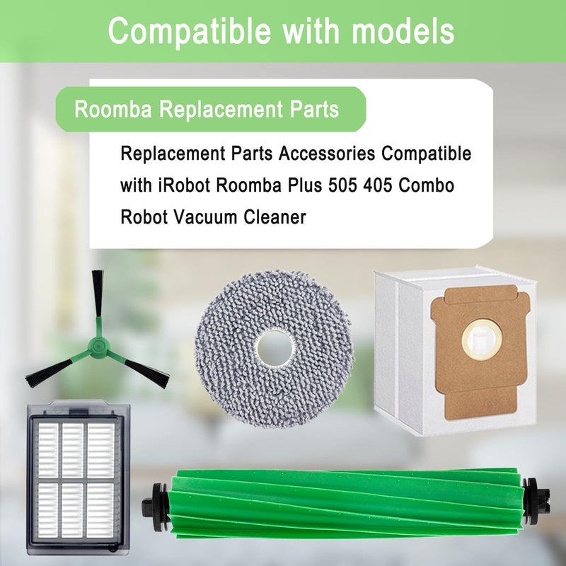 Replacement Parts Accessories Kit for iRobot Roomba Plus 505 Combo 405 Combo Robot Vacuum Cleaner, 2 Roller Brush, 6 Mop Pads, 6 Filters, 8 Side Brush, 8 Vacuum Bags 2+6+6+8+8 Pack