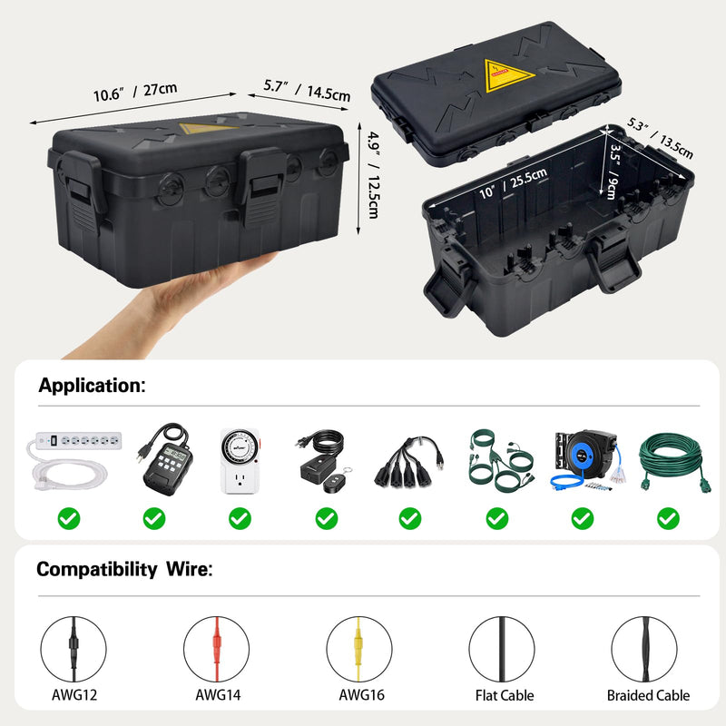 [Australia - AusPower] - Medium Outdoor Electrical Box(10.6x5.7x5inch),Weatherproof Connection Box w/6 Cable Entry,IP54 Waterproof Extension Cord Cover Protect Power Strip,Timer,Plug,Holiday Lights,Black Black 