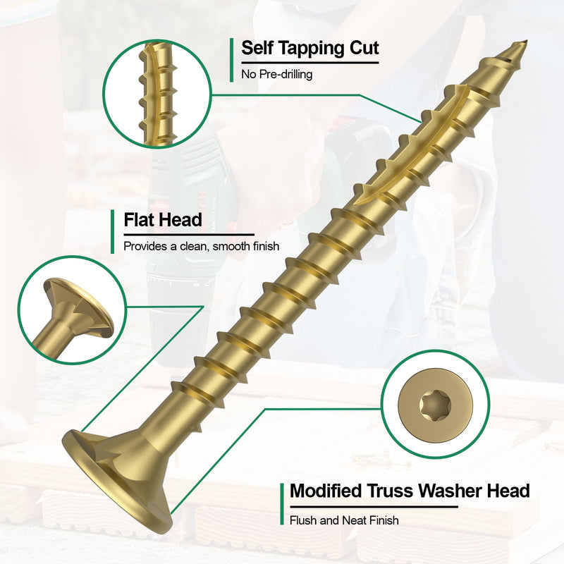 [Australia - AusPower] - #8 x1-1/4 Deck Screws, 100Pcs Star Drive Wood Screws, Rust Resistant Timber Screws for Timber/Log/Landscaping Wood, T20 Star Bit Included, Gold 1-1/4 Inch 100 