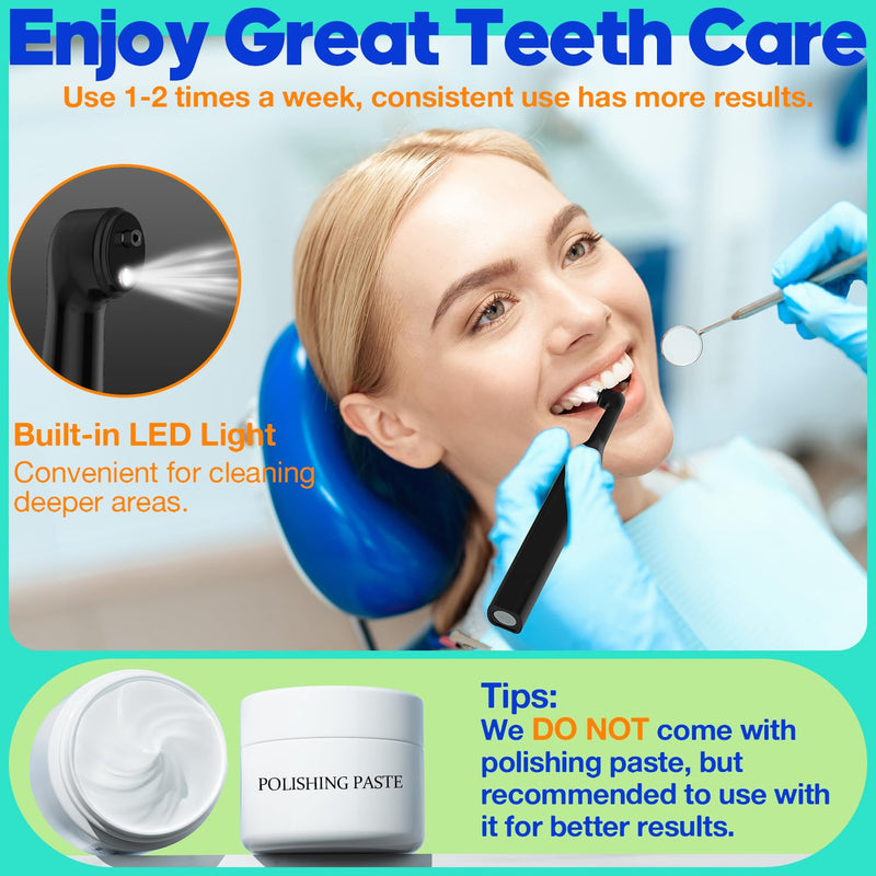 [Australia - AusPower] - Tooth Polisher, RRZIOM Rechargeable Teeth Polisher for Teeth Whitening and Cleaning Kit, Waterproof Tooth Polish Dental Tools with LED Light, 5 Brush Heads, 5 Speed Modes, Tooth Polishing Kit Black-1 