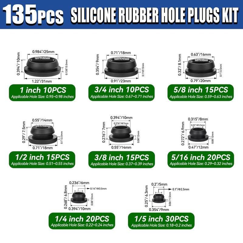 [Australia - AusPower] - 135Pcs Black Silicone Rubber Plugs for Round Holes Grommet Kit, 8 Assorted Sizes (1" 3/4" 5/8" 1/2" 3/8" 5/16" 1/4" 1/5") General Snap Locking Caps for Motorcycle, Furniture, Automotive, Plumbing 