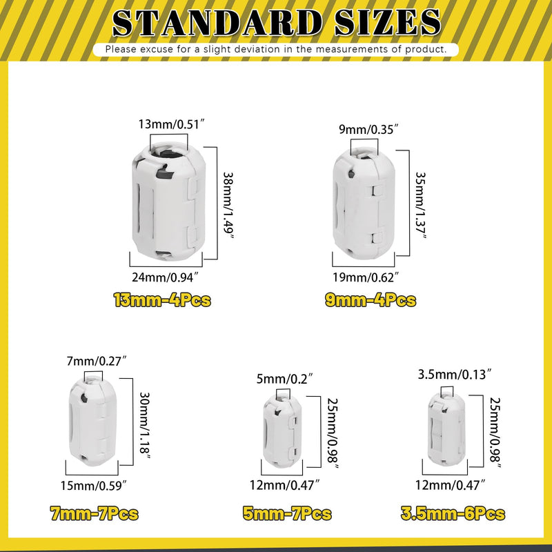 [Australia - AusPower] - 28Pcs 5 Sizes Clip-on Ferrite Ring Core RFI EMI Noise Suppressor Cable Clip for 3.5mm/ 5mm/ 7mm/ 9mm/ 13mm/ Diameter Cable, White 