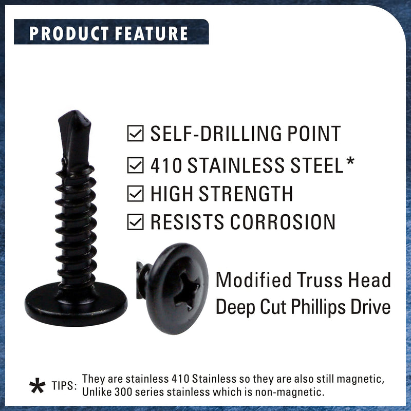 [Australia - AusPower] - 410 Stainless Steel #8 Self Drilling TEK Screw Assortment Kit, Hex Washer Head & Modified Truss Head, Self Tapping Sheet Metal Screws, Length 1/2" 3/4" 1" 150 PCS - Black Oxide #8 Assortment Set 