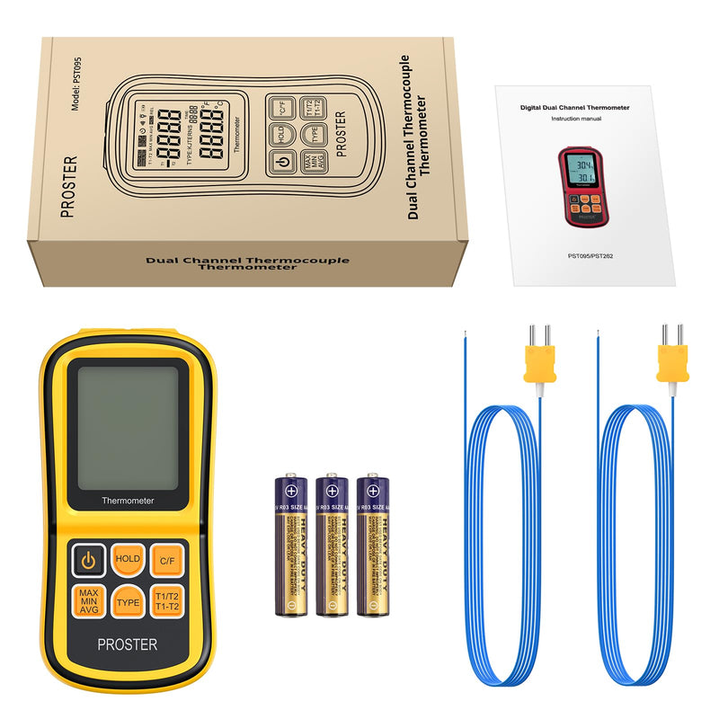 [Australia - AusPower] - Proster Digital Thermometer with 2 Dual Channel K-Type Thermocouples Sensor Probe LCD Backlight Temperature Meter Temperature Meter for Thermocouple Types K/J/T/E/R/S/N - Yellow 