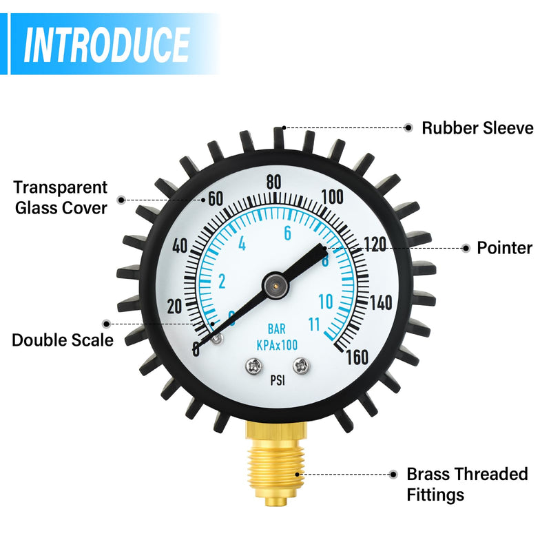 [Australia - AusPower] - ERGAOBOY 0-11 Bar (0-160Psi) Stainless Steel Water Pressure Gauge, 3/4" BSP to 1/2" BSP Garden Hose Female Thread with Hose 0-11 Bar(3/4"-1/2" with Hose) Lower Mount 