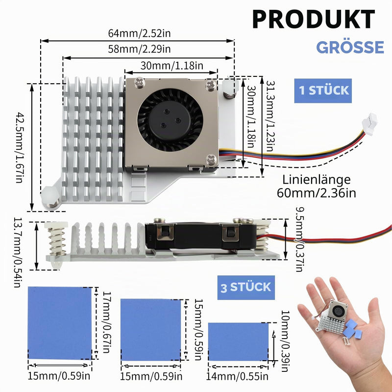 Active Heatsink with Fan for Raspberry Pi 5 - Quiet CPU Cooler with Aluminium Heatsink & Thermal Pads - PWM Control for Efficient Cooling & Lower Power Consumption (5V)